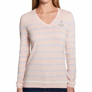 Tommy Hilfiger Women’s Pink Striped V-Neck Sweater Size L Sailor Anchor Coastal
